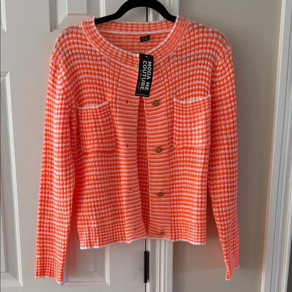 NWT Moda Couture Orange and White Cardigan Sz M
